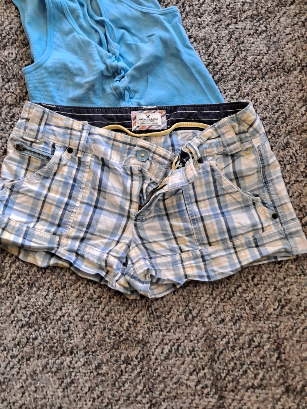 American Eagle Outfitters Plaid Jean Shorts - Light Blue, White & Cream